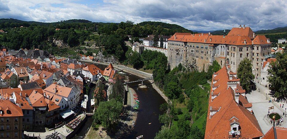 Český Krumlov castle and town above a bend in the Vltava river