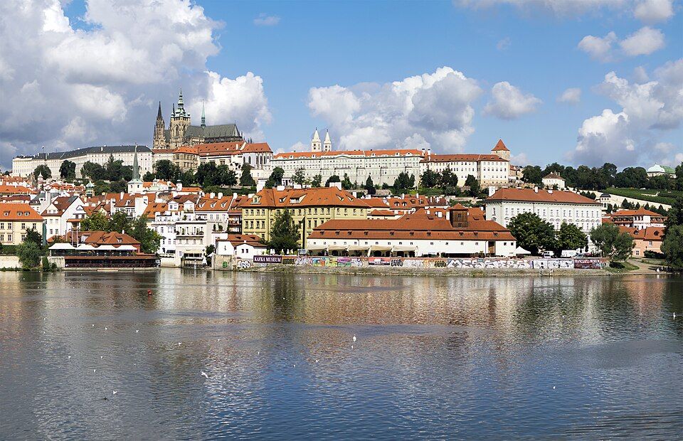 Prague Castle above the Vltava river and Charles Bridge on a sunny day