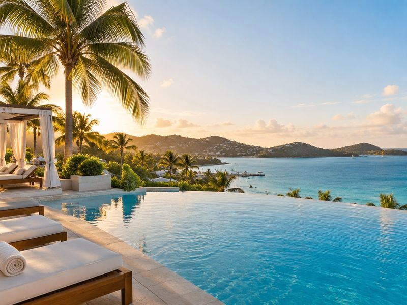 Resort infinity pool over a turquoise bay