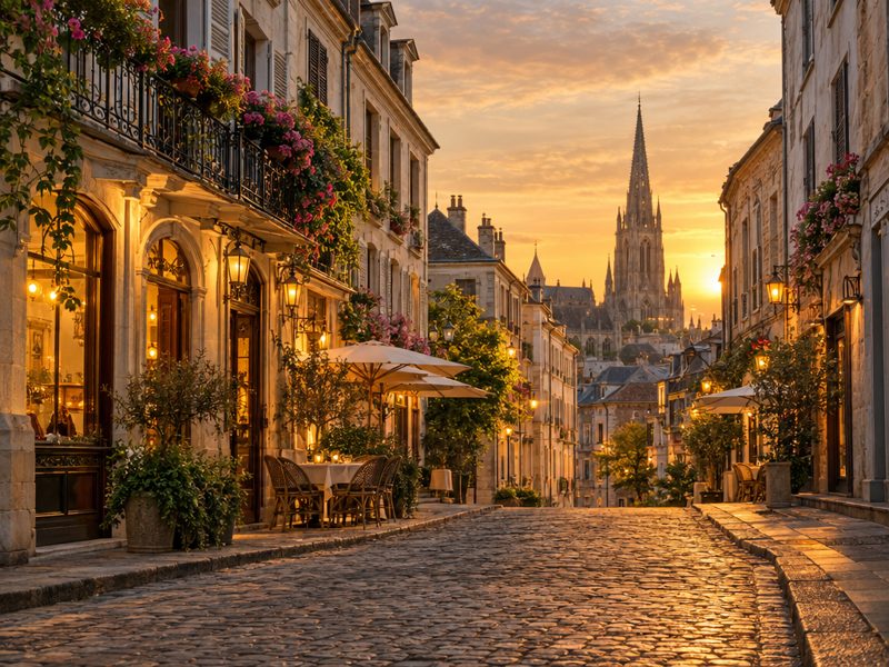 European old-town street at golden hour
