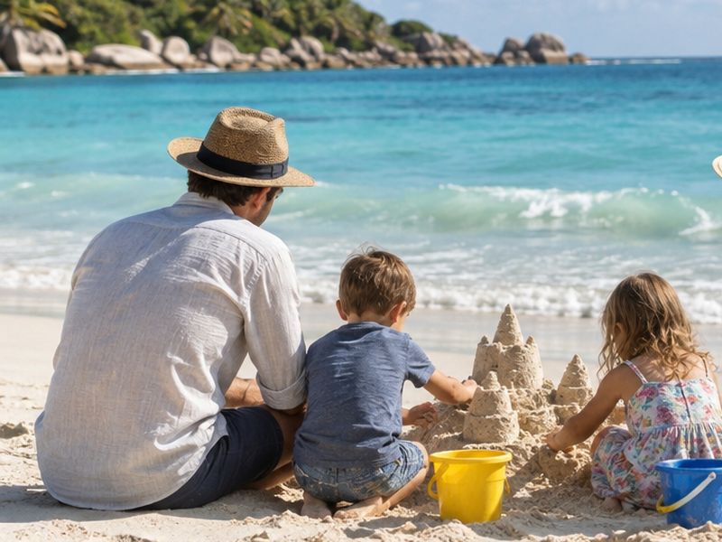 Family building a sandcastle on a beach