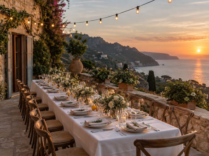 Dinner table set for a group on a seaside terrace