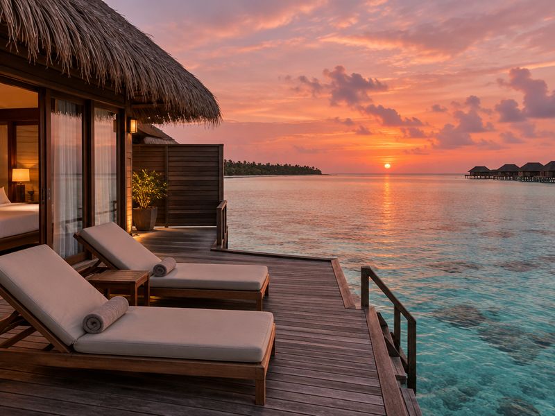 Overwater villa at sunset