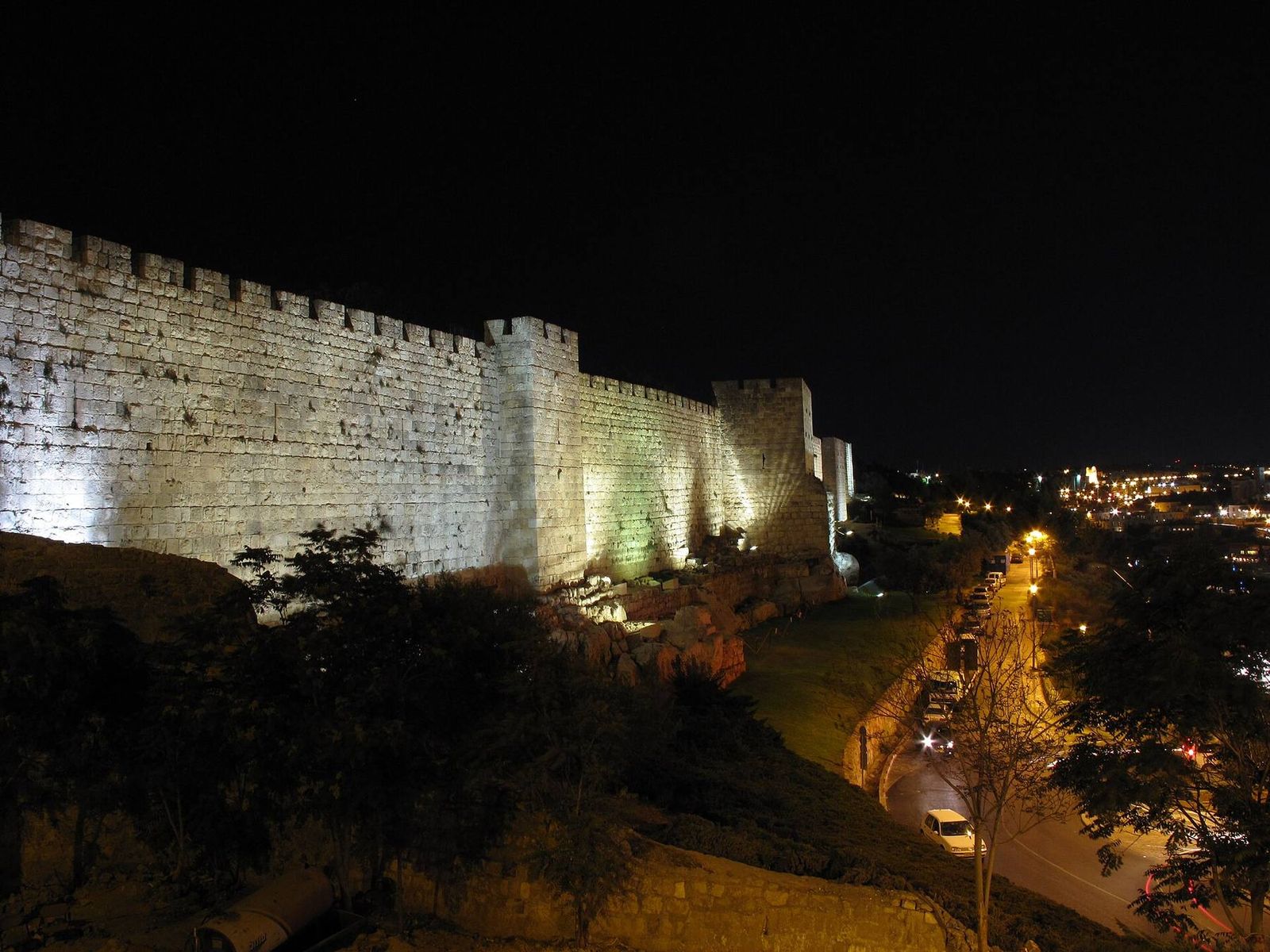The Old City walls of Jerusalem lit up at night