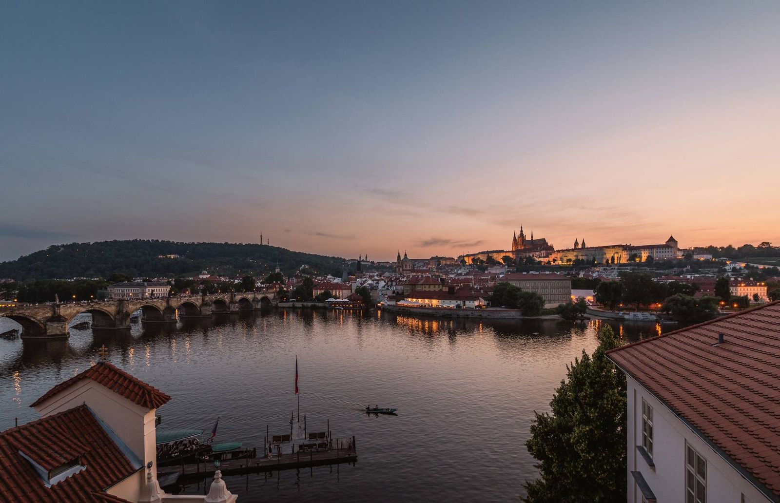 The Vltava river and Prague Castle at sunset